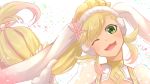  animal_ears blonde_hair bunny_ears commentary_request fake_animal_ears fire_emblem fire_emblem_heroes gloves gradient_hair green_eyes highres long_hair multicolored_hair nakabayashi_zun one_eye_closed open_mouth pink_hair ponytail sharena simple_background solo white_background white_gloves 