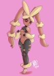  3_fingers 3_toes areola_slip black_sclera blush bottomless breasts clothed clothing female lagomorph looking_back lopunny mammal mega_evolution mega_lopunny navel nerdbayne nintendo open_mouth pink_background pok&eacute;mon pok&eacute;mon_(species) pussy rabbit red_eyes ripped_stockings signature simple_background small_breasts solo thick_thighs tiptoes toes video_games watermark 