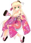  arikawa_satoru bag blonde_hair bow bracelet breasts cleavage closed_mouth commentary_request floral_print flower_knight_girl full_body green_eyes hair_bow hair_bun japanese_clothes jewelry kimono long_hair looking_at_viewer medium_breasts pink_bow pink_kimono print_kimono ryuzetsuran_(flower_knight_girl) simple_background smile solo tabi very_long_hair white_background 
