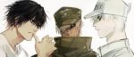  absurdres baseball_cap biting black_hair captain_(hellsing) close-up crossover death_note finger_biting haban_(haban35) hair_over_one_eye hat hataraku_saibou hellsing highres l_(death_note) looking_at_another male_focus messy_hair multiple_boys multiple_crossover peaked_cap red_hair shirt simple_background trait_connection u-1146 white_background white_blood_cell_(hataraku_saibou) white_hair white_shirt 