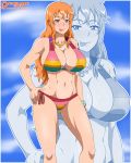  1girl bikini breasts brown_eyes cleavage huge_breasts large_breasts long_hair looking_at_viewer nami_(one_piece) navel one_piece orange_hair smile solo standing studio_oppai swimsuit tongue tongue_out wet 