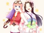  2girls arm_holding bangs bare_arms black_hair blue_eyes bun_cover closed_umbrella double_buns eyes_closed eyewear_on_head female flower gintama goggle hair_bun hair_flower hair_ornament happy hime_cut holding holding_umbrella japanese_clothes kagura_(gintama) kimono long_hair long_sleeves midriff multiple_girls navel obi open_mouth orange_hair oriental_umbrella purple_umbrella sash smile teeth tokugawa_soyo umbrella wide_sleeves 