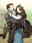  black_hair brown_hair cape carrying cyrus_(octopath_traveler) gloves highres jacket male_focus multiple_boys octopath_traveler olberic_eisenberg princess_carry scar shikimiorange short_hair 