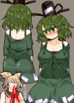  &gt;:( &gt;:) adapted_costume ass back bare_arms bare_shoulders blood blush breasts buttons cardigan cleavage clenched_hand collage collarbone crying crying_with_eyes_open earmuffs embarrassed epic_nosebleed eyebrows_visible_through_hair green_cardigan green_eyes green_hair green_skirt grin hair_between_eyes happy_tears hat impossible_clothes light_brown_hair looking_down medium_breasts medium_hair multiple_girls nose_blush nosebleed off_shoulder ofuda ofuda_on_clothes pointy_hair short_sleeves shoulder_blades skirt sleeveless smile soga_no_tojiko solo_focus streaming_tears tate_eboshi tears touhou toyosatomimi_no_miko upper_body v-shaped_eyebrows zetsumame 