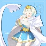  belt blue_background blue_hair cape closed_eyes dress feh_(fire_emblem_heroes) fire_emblem fire_emblem_heroes gradient_hair hug long_sleeves multicolored_hair open_mouth rojiura-cat short_hair simple_background tiara white_cape white_hair ylgr_(fire_emblem_heroes) 