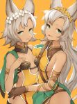  animal_ears breast_press breasts brown_gloves commentary_request dark_skin gloves granblue_fantasy green_eyes head_wreath highres koretsuki_azuma long_hair looking_at_viewer medium_breasts melleau multiple_girls nemone open_mouth orange_background short_hair siblings simple_background sisters small_breasts smile white_hair 