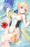  ahoge artoria_pendragon_(all) artoria_pendragon_(swimsuit_archer) blonde_hair breasts casual_one-piece_swimsuit excalibur fate/grand_order fate_(series) feet_out_of_frame flower green_eyes hibiscus highres inflatable_toy innertube lying one-piece_swimsuit partially_submerged skyrail small_breasts solo swimsuit sword water water_gun weapon white_swimsuit 