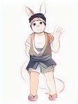  2017 4_toes 5_fingers anthro biped black_eyes black_hair canine clothed clothing cub danny_(funnybox) feet fluffy fluffy_tail footwear fox funnybox fur hair hand_behind_back headband hybrid japanese_clothing lagomorph looking_at_viewer male mammal rabbit sandals shorts simple_background smile solo standing toes waving white_background white_fur young 