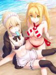  ahoge apron arm_support artoria_pendragon_(all) artoria_pendragon_(swimsuit_rider_alter) bangs bare_arms bare_shoulders beach bikini bikini_top black_bikini_top black_jacket black_legwear black_skirt blonde_hair blush braid breasts cleavage closed_mouth collarbone commentary_request criss-cross_halter day eyebrows_visible_through_hair fate/grand_order fate_(series) fingernails food food_in_mouth frilled_bikini_top green_eyes groin hair_between_eyes hair_bun hair_intakes halterneck hood hooded_jacket jacket large_breasts leg_garter long_hair long_sleeves maid_headdress medium_breasts mouth_hold multiple_girls navel nero_claudius_(fate)_(all) nero_claudius_(swimsuit_caster)_(fate) open_clothes open_jacket outdoors popsicle red_bikini sand shouhei side-tie_bikini sitting skirt smile striped striped_bikini swimsuit thighhighs twintails waist_apron water white_apron yellow_eyes 