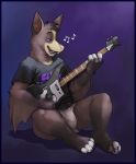  5_fingers anthro bat body_hair briefs brown_fur bulge clothing fangs fur glitter_trap_boy guitar happy_trail male mammal musical_instrument open_mouth shirt singing sitting solo t-shirt teeth underwear white_fur 