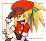  adjusting_clothes adjusting_hat alternate_hairstyle blonde_hair blush breasts brown_gloves buttons cabbie_hat commentary_request dakusuta gloves green_eyes green_ribbon hair_between_eyes hair_ribbon hand_on_headwear hat high_ponytail holding holding_wrench long_hair ponytail ribbon rockman rockman_dash roll_caskett short_sleeves sidelocks simple_background small_breasts smile solo tools undershirt upper_body white_background wrench 