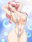  1girl armpits arms_behind_head arms_up bikini blue_background blush breasts eyebrows_visible_through_hair gradient gradient_background green_eyes inabakun00 large_breasts long_hair looking_at_viewer navel original pink_hair ponytail rio_(inaba) slingshot_swimsuit smile solo standing swimsuit white_bikini 