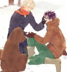  ^_^ animal black_gloves black_hair blue-framed_eyewear blue_coat boots brown_footwear brown_gloves brown_jacket closed_eyes dog glasses gloves green_pants hand_on_another's_cheek hand_on_another's_face hands_together happy hood hood_down jacket katsuki_yuuri kneeling makkachin male_focus multiple_boys open_mouth outdoors pants profile red_scarf scarf short_hair sitting smile snow tadano53 tongue tongue_out tree viktor_nikiforov white_hair winter winter_clothes yaoi yuri!!!_on_ice 