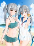  ahoge beach bikini bikini_under_clothes blue_eyes blue_hair blue_sky blush breasts closed_mouth cloud cloudy_sky commentary_request day dress eyebrows_visible_through_hair green_bikini grey_hair hair_between_eyes highres kantai_collection kasumi_(kantai_collection) kiyoshimo_(kantai_collection) long_hair looking_at_viewer low_twintails multicolored_hair multiple_girls ocean one_eye_closed open_mouth outdoors sailor_dress side_ponytail sky sleeveless sleeveless_dress small_breasts smile swimsuit twintails umino_haruka_(harukaumino6) v very_long_hair yellow_eyes 