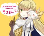  armor blonde_hair braid brown_gloves closed_mouth crown_braid feh_(fire_emblem_heroes) fire_emblem fire_emblem_heroes gloves green_eyes long_hair on_shoulder one_eye_closed rojiura-cat sharena simple_background smile yellow_background 