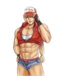  1boy abs androgynous baseball_cap blonde_hair blue_eyes crossdressing fatal_fury fingerless_gloves gloves hat jacket ktovhinao long_hair looking_at_viewer male muscle muscular_male navel open_clothes open_jacket shorts snk_heroines:_tag_team_frenzy solo terry_bogard toned 