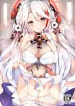  alternate_costume azur_lane bangs bare_shoulders blurry blurry_background blush breasts bridal_gauntlets bridal_veil choker church collarbone commentary_request cover cowboy_shot dress dress_lift eyebrows_visible_through_hair finger_to_mouth flower garter_straps gloves groin hair_between_eyes hair_flower hair_ornament head_tilt headgear highres large_breasts lifted_by_self light_particles long_hair looking_at_viewer mole mole_on_breast multicolored_hair mutou_(94753939) parted_lips prinz_eugen_(azur_lane) red_hair see-through sidelocks silver_hair skindentation smile solo streaked_hair swept_bangs thighhighs thighs two_side_up veil very_long_hair wedding wedding_dress white_dress white_gloves white_legwear 