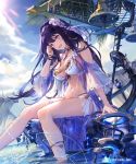  :d bikini breasts choker cleavage cloud commentary_request cygames day earrings eyebrows_visible_through_hair flower front-tie_bikini front-tie_top gold_trim hair_flower hair_ornament hair_tucking hairband hand_up head_tilt highres jewelry large_breasts long_hair looking_at_viewer navel necklace official_art open_mouth outdoors purple_eyes purple_hair shingeki_no_bahamut sidelocks smile soaking_feet solo sunlight supertie swimsuit watermark white_bikini 