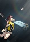  aragaki_nagisa badminton badminton_racket black_eyes black_hair black_shorts brown_hair clenched_teeth hanebado! hanesaki_ayano highres holding_racket jumping koubakotone light_rays long_hair looking_at_another looking_up multiple_girls ponytail racket red_eyes shirt short_hair short_shorts shorts shuttlecock spiked_hair sportswear sweat t-shirt teeth 