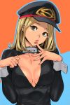 archvermin blonde_hair boku_no_hero_academia breasts center_opening cleavage collarbone commentary finger_to_mouth grey_eyes hat highres lips looking_at_viewer medium_breasts medium_hair no_bra o3o peaked_cap pouty_lips shirt_pull solo upper_body utsushimi_kemii 