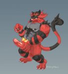  2018 anthro black_fur claws digital_media_(artwork) erection fire fur hair humanoid_penis incineroar looking_at_viewer male masturbation nintendo nude pecs penis pok&eacute;mon pok&eacute;mon_(species) red_fur shinypokerus simple_background smile solo tongue video_games 