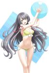  arms_up ball beachball bikini black_hair blush breasts commentary_request eyebrows_visible_through_hair green_bikini green_eyes hair_tubes highres kantai_collection long_hair looking_at_viewer medium_breasts mizuho_(kantai_collection) open_mouth solo swimsuit t2r very_long_hair 