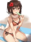  barefoot bikini blush breasts brown_eyes brown_hair eyes_visible_through_hair flower food front-tie_bikini front-tie_top hair_between_eyes hair_flower hair_ornament hibiscus kantai_collection orange_bikini popsicle scarf sendai_(kantai_collection) short_hair side-tie_bikini sitting small_breasts solo swimsuit tongue two_side_up upper_teeth wariza white_scarf yuzuttan 