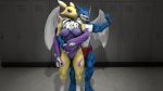  2018 3d_(artwork) anthro blue_scales claws clothing digimon digital_media_(artwork) duo exveemon female gym male male/female maxdigiipower muscular renamon scales source_filmmaker underwear 