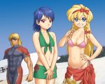  blonde_hair blue_eyes blue_hair breast_envy breasts castlevania flat_chest grin large_breasts maria_renard red_eyes smile swimsuit 