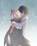  1girl black_cloak black_hair child cloak closed_eyes coat commentary_request conchitwa couple crying crying_with_eyes_open darling_in_the_franxx fur_coat fur_trim green_eyes grey_coat hand_on_another's_arm hetero hiro_(darling_in_the_franxx) hood hooded_cloak horns hug hug_from_behind long_coat long_hair oni_horns parka pink_hair red_horns red_pupils red_sclera red_skin snow snowing tears winter_clothes winter_coat zero_two_(darling_in_the_franxx) 