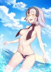  :d absurdres bikini_bottom black_bikini_bottom blue_sky breasts cloud day fate/grand_order fate_(series) headpiece highres jeanne_d'arc_(alter)_(fate) jeanne_d'arc_(fate)_(all) looking_at_viewer medium_breasts navel ocean open_mouth short_hair silver_hair sky smile sndbr solo standing swimsuit topless wading yellow_eyes 