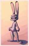  2018 anthro bedroom_eyes border clothed clothing dipstick_ears disney female flat_chested fuel_(artist) gradient_background half-closed_eyes judy_hopps lagomorph looking_at_viewer mammal panties rabbit seductive simple_background smile solo standing topless underwear white_border zootopia 