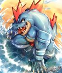  2018 anthro better_version_at_source bulge clothed clothing digital_media_(artwork) feraligatr looking_at_viewer male muscular muscular_male nintendo nipples pok&eacute;mon pok&eacute;mon_(species) snartlesad solo topless underwear video_games 