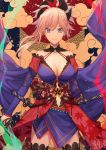  asymmetrical_hair autumn_leaves black_legwear blue_eyes blue_kimono breasts detached_sleeves dual_wielding earrings fate/grand_order fate_(series) hair_ornament heri_(sniper579) holding holding_sword holding_weapon japanese_clothes jewelry katana kimono large_breasts leaf_print light_smile looking_at_viewer magatama maple_leaf_print miyamoto_musashi_(fate/grand_order) navel_cutout obi pink_hair ponytail sash sheath sheathed short_kimono sleeveless sleeveless_kimono solo sword thighhighs unsheathed weapon wide_sleeves 