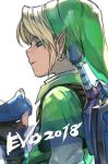  2018 blonde_hair blue_eyes earrings evolution_championship_series facing_away fingerless_gloves gloves green_hat half-closed_eyes hankuri hat jewelry link male_focus master_sword pointy_ears shield short_sleeves simple_background solo sword the_legend_of_zelda the_legend_of_zelda:_ocarina_of_time upper_body weapon white_background 