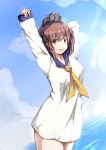  arms_up blue_sky breasts brown_eyes brown_hair cloud cloudy_sky commentary_request day dress eyebrows_visible_through_hair hair_between_eyes highres kantai_collection long_sleeves looking_at_viewer medium_breasts mr._kr neckerchief ocean sailor_dress school_uniform serafuku short_hair sky sleeves_past_wrists solo white_dress yellow_neckwear yukikaze_(kantai_collection) 