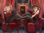  arm_at_side armchair bangs between_legs black_gloves black_legwear blue_eyes blunt_bangs breasts brown_eyes brown_hair chair choker curtains dress earrings elbow_gloves flower frilled_dress frills gloves hair_flower hair_ornament hairband hand_between_legs hand_on_own_knee head_tilt houjou_karen idolmaster idolmaster_cinderella_girls jewelry kazu light_brown_hair long_hair looking_at_viewer love_destiny multiple_girls no_shoes pantyhose picture_frame plant red_dress red_flower red_rose rose sakuma_mayu sash sitting sitting_sideways sleeveless sleeveless_dress strapless strapless_dress swept_bangs symmetry vines 