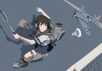  aircraft airplane anchor badminton badminton_racket black_eyes black_hair black_sailor_collar black_skirt commentary_request from_above fubuki_(kantai_collection) full_body hanebado! hanesaki_ayano holding_racket kantai_collection koubakotone look-alike looking_up low_ponytail machinery medium_hair miniskirt parody pleated_skirt ponytail racket rigging sailor_collar sbd_dauntless school_uniform serafuku short_sleeves shuttlecock sidelocks skirt smokestack solo surprised thigh_strap torpedo torpedo_tubes trait_connection turret volleyball_net 