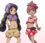  2girls :d bangs blush brown_background brown_hair brown_shirt brown_shorts closed_mouth collarbone creatures_(company) crop_top eyebrows_visible_through_hair game_freak gloves gradient gradient_background green_eyes hapu&#039;u_(pokemon) hoshi_(pokemon) jewelry long_hair low_twintails midriff multicolored_hair multiple_girls navel necklace nekono_rin nintendo open_mouth pink_shirt pink_skirt pokemon pokemon_(anime) pokemon_sm_(anime) puffy_short_sleeves puffy_shorts puffy_sleeves purple_eyes red_hair round_teeth shirt short_eyebrows short_shorts short_sleeves shorts skirt smile teeth thick_eyebrows twintails two-tone_hair upper_teeth very_long_hair white_background white_gloves 