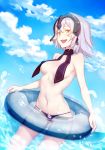  :d absurdres bikini_bottom black_bikini_bottom blue_sky breasts cloud day fate/grand_order fate_(series) headpiece highres jeanne_d'arc_(alter)_(fate) jeanne_d'arc_(fate)_(all) looking_at_viewer medium_breasts ocean open_mouth short_hair silver_hair sky smile sndbr solo standing swimsuit topless wading yellow_eyes 