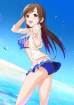  :d bikini bikini_skirt blue_bikini blue_sky breasts brown_eyes brown_hair collarbone day dutch_angle floating_hair highres idolmaster idolmaster_cinderella_girls idolmaster_cinderella_girls_starlight_stage jacket leaning_forward long_hair looking_at_viewer looking_back medium_breasts miniskirt natsuya nitta_minami ocean open_clothes open_jacket open_mouth outdoors pleated_skirt sideboob skirt sky smile solo standing swimsuit v very_long_hair white_jacket 