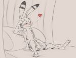  &lt;3 3_toes 4_fingers animal_genitalia anthro balls bed blue_eyes blush bottomless clothed clothing disney fur jack_savage lagomorph leaning leaning_back lounging male mammal monochrome mostly_nude on_bed open_shirt pillow rabbit s1m sheath sketch solo spread_legs spreading striped_fur stripes toes zootopia 