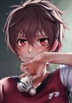  aragaki_nagisa badminton blush brown_hair face hair_between_eyes hanebado! highres holding koubakotone lips looking_at_viewer red_eyes short_hair shuttlecock smile solo spiked_hair sportswear sweat wiping_sweat 