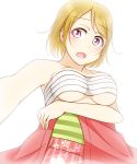  10s 1girl bandage bandages_around_chest blush breasts brown_hair eyebrows_visible_through_hair feitonokesin japanese_clothes kimono koizumi_hanayo large_breasts looking_at_viewer love_live! love_live!_school_idol_project open_mouth purple_eyes short_hair simple_background solo standing underboob upper_body white_background 