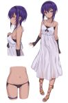  alternate_costume ass_visible_through_thighs bare_shoulders black_hairband black_panties blush dark_skin dress fate/prototype fate/prototype:_fragments_of_blue_and_silver fate_(series) full_body hair_between_eyes hairband hassan_of_serenity_(fate) highres monobe_tsukuri multiple_views navel panties purple_eyes purple_hair see-through short_hair thigh_strap underwear white_background white_dress 