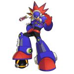  blast_man capcom collaboration full_body gloves grin red_eyes red_gloves robot rockman rockman_(classic) rockman_11 shoutaro_saito signature simple_background smile speech_bubble standing white_background 