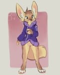  anthro bottomless brown_fur brown_hair canine clothed clothing featureless_crotch female fennec fox fur green_eyes hair inner_ear_fluff mammal pink_background reign-2004 simple_background solo white_fur yellow_fur 