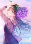  arms_up backless_dress backless_outfit black_dress blurry blush breasts brown_hair commentary cowboy_shot depth_of_field dress english_commentary eyebrows_visible_through_hair floating_hair flower from_behind green_eyes hair_between_eyes head_tilt highres hiten_(hitenkei) holding holding_flower lavender_(flower) light light_smile long_hair long_sleeves looking_at_viewer looking_back original parted_lips see-through shirt sleeveless sleeveless_dress small_breasts solo spaghetti_strap straight_hair twilight water water_drop wet wet_hair wind 