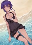  bare_shoulders beach black_dress black_hairband blush covered_navel dark_skin dress fate/prototype fate/prototype:_fragments_of_blue_and_silver fate_(series) frilled_dress frills from_above hair_between_eyes hairband hassan_of_serenity_(fate) highres looking_at_viewer lying monobe_tsukuri on_back purple_eyes purple_hair scrunchie see-through short_hair smile solo thigh_strap wrist_scrunchie 