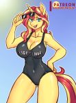  2018 absurd_res anthro anthrofied blue_eyes breasts cleavage clothed clothing english_text equestria_girls equine eyelashes eyewear female fully_clothed hair hi_res horn long_hair looking_at_viewer mammal multicolored_hair multicolored_tail my_little_pony nauth open_mouth patreon solo sunglasses sunset_shimmer_(eg) swimsuit text two_tone_hair unicorn url 